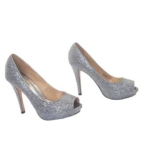 Badgley Mischka Platform Peep Toe Silver Glitter Heels Women's 7.5M